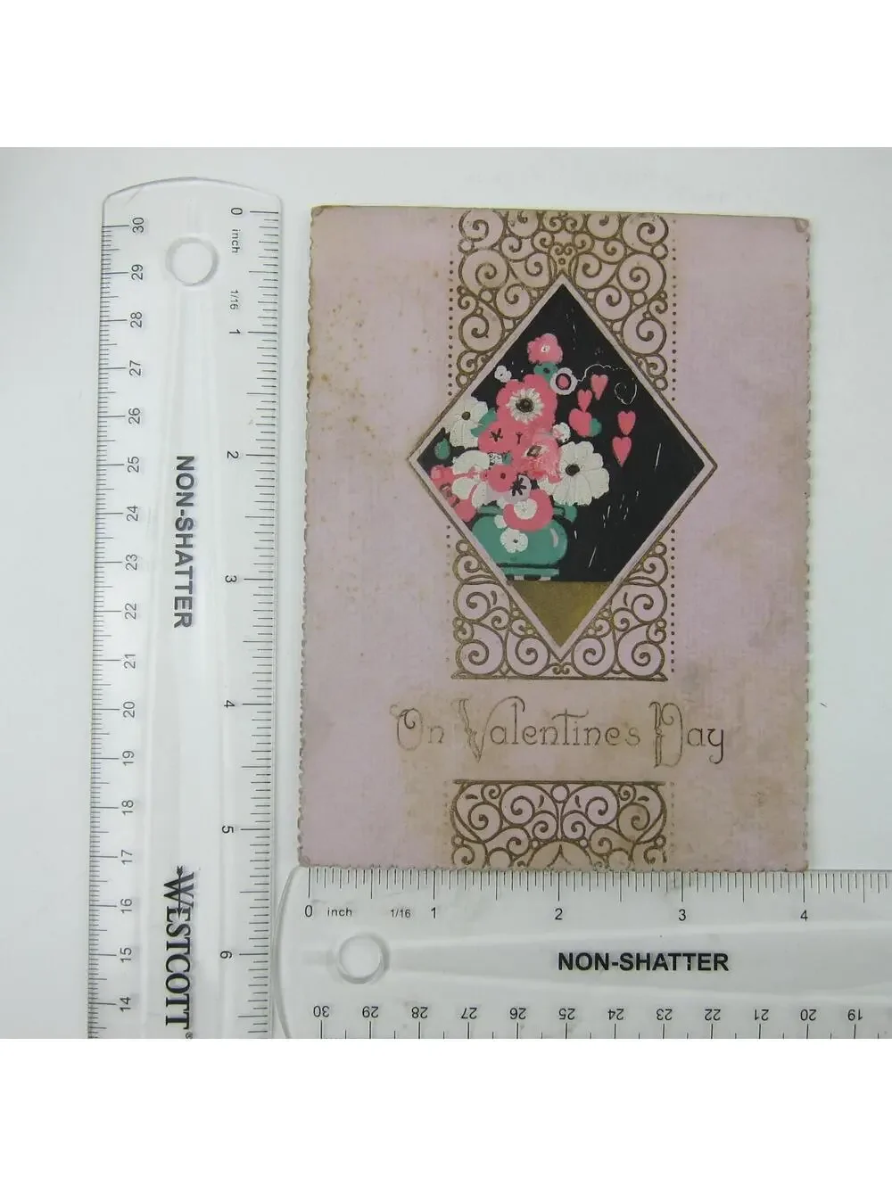 Antique Valentines Day Card Pink & White Flowers Green Vase Gold Accent Art Deco